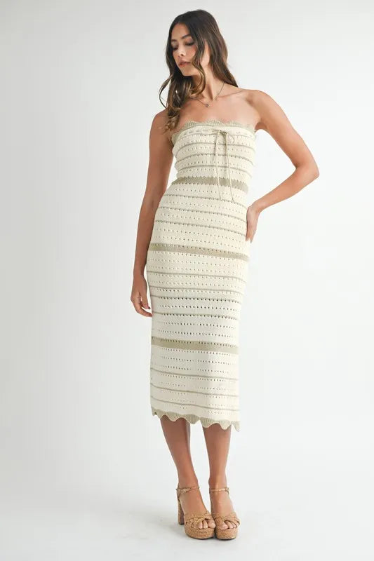Front view of cream crochet knit strapless midi dress
