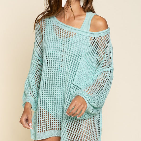 Fun Filled Days High Low Fishnet Sweater-Avah Couture