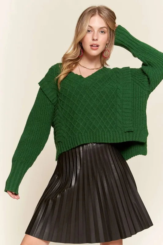 Emerald Isle Cable Knit Sweater in rich green with diamond knit texture, V neckline and layered shoulder detailing, front view.