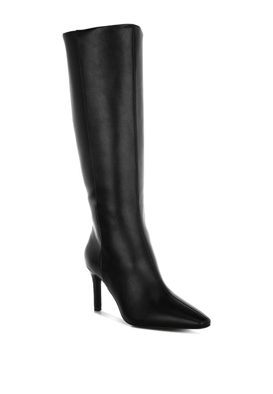 Black faux leather knee-high boot with pointed toe and stiletto heel.