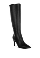 Black faux leather knee-high boot with pointed toe and stiletto heel.
