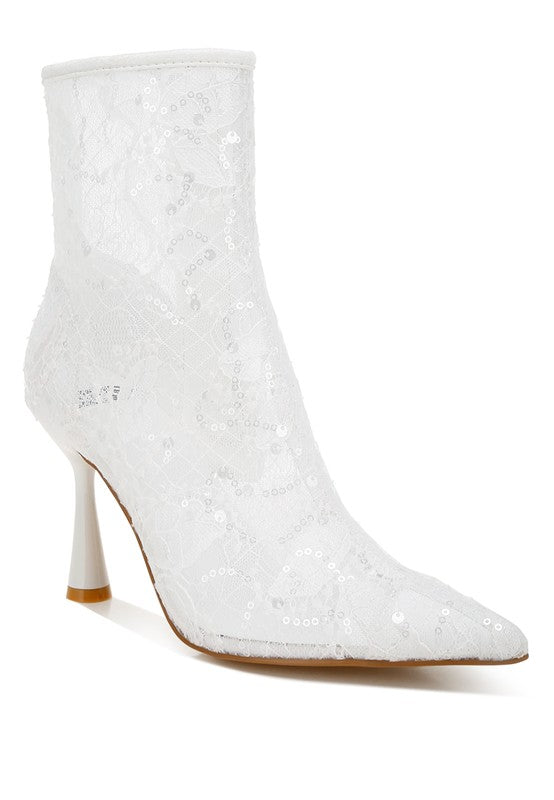 White sheer lace ankle boot with sequin detailing and pointed toe