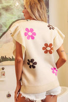 Oatmeal Flower Pop Ruffle Sleeve Sweater with pink, rust and brown floral designs, back view.