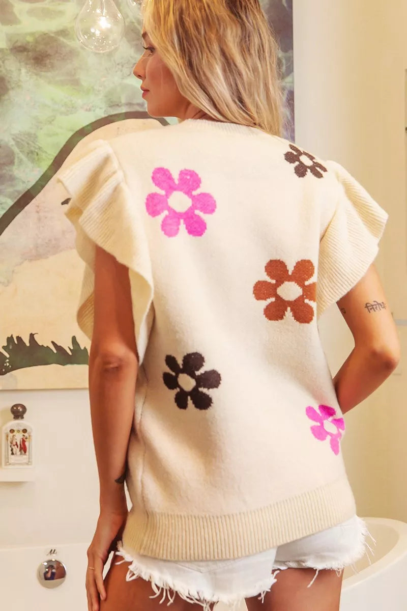Oatmeal Flower Pop Ruffle Sleeve Sweater with pink, rust and brown floral designs, back view.