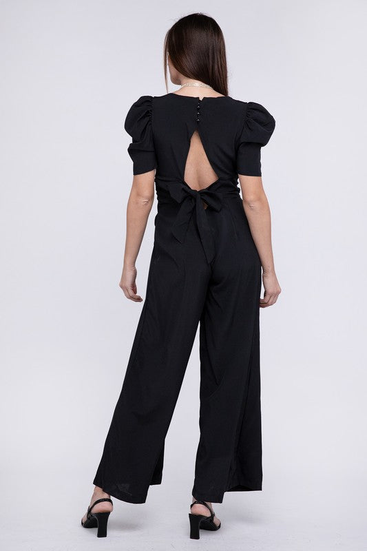 AVAH-La Bella Vita Black Puff Sleeve Wide Leg Jumpsuit