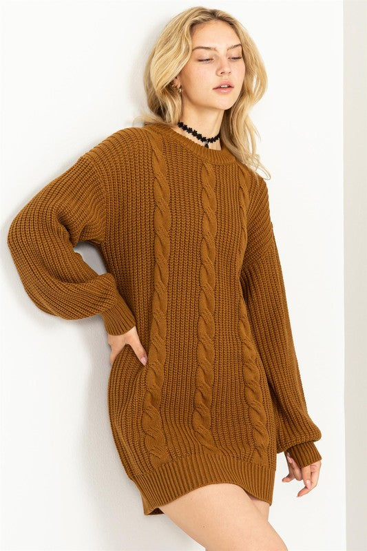 Cable-Knit Ribbed Sweater Dress-Brown-Avah