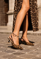 leopard slingback kitten heels outfit, pointed toe leopard heels styled with midi skirt