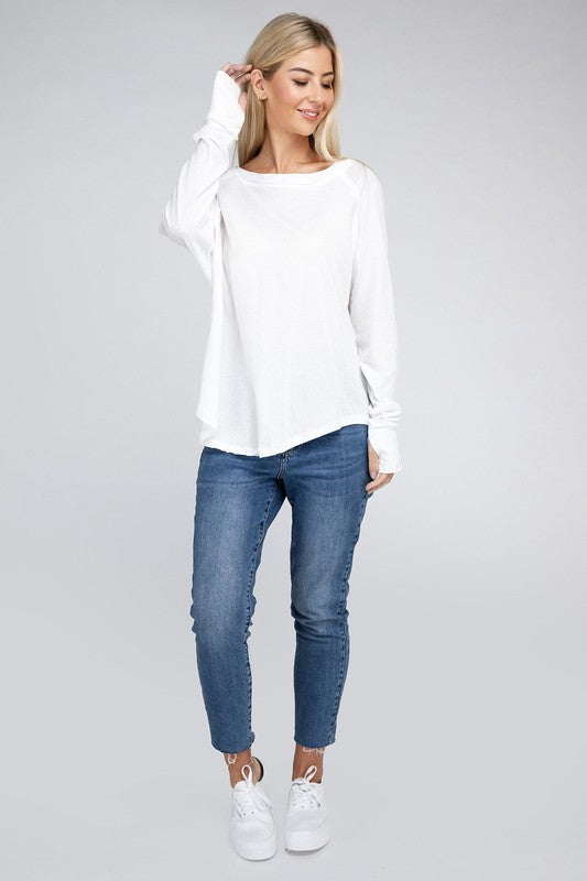 Sleek Comfort Raglan Sleeve Top with Thumbhole-White-Avah