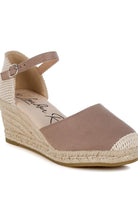 Taupe espadrille wedge sandal with closed round toe and ankle strap – front view
