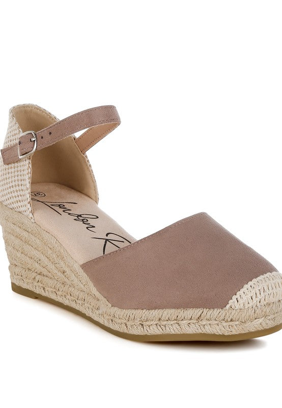 Taupe espadrille wedge sandal with closed round toe and ankle strap – front view