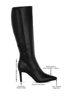 Black knee-high boot with labeled features on a white background