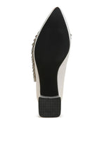 Sole of white satin pointed-toe heel with crystals
