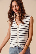 Front close up of striped sleeveless sweater vest with button front
