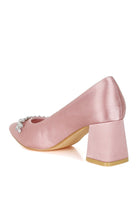 Back view of blush satin pointed-toe heel with crystals
