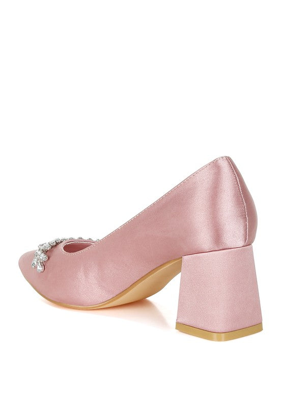 Back view of blush satin pointed-toe heel with crystals

