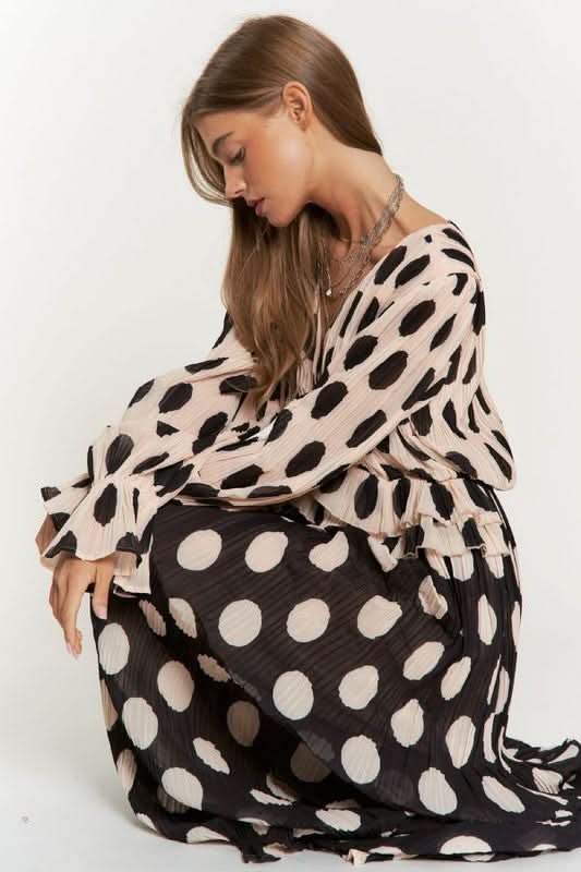 Retro Rendezvous Polka Dot Long Sleeve Maxi Dress