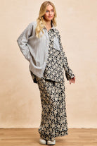 Florence Mixed Print Button Down Shirt with cream floral print, gray striped panels and contrasting chest pocket, styled with matching floral pants.