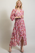 AVAH-Mila Floral Long Sleeve Maxi Dress-Pink Red and White 