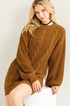 Cable-Knit Ribbed Sweater Dress-Brown-Avah