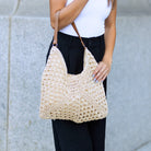 Woven straw shoulder bag with Vegan leather fixed strap and magnetic clasp closure in straw