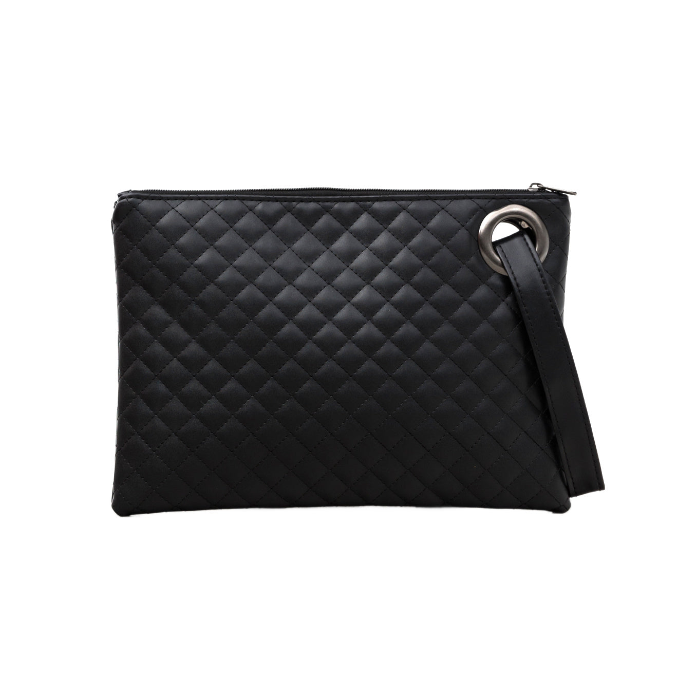 Black quilted clutch made with a premium soft quilted PU leather and cotton Herringbone print lining with grommet detail and wristlet.