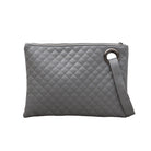 Gray quilted clutch made with a premium soft quilted PU leather and cotton Herringbone print lining with grommet detail and wristlet.