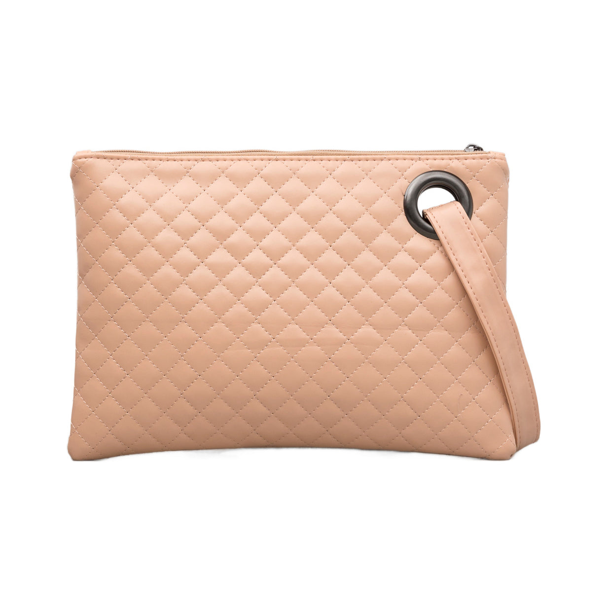 Blush quilted clutch made with a premium soft quilted PU leather and cotton Herringbone print lining with grommet detail and wristlet.