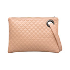 Blush quilted clutch made with a premium soft quilted PU leather and cotton Herringbone print lining with grommet detail and wristlet.