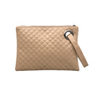 Tan quilted clutch made with a premium soft quilted PU leather and cotton Herringbone print lining with grommet detail and wristlet.