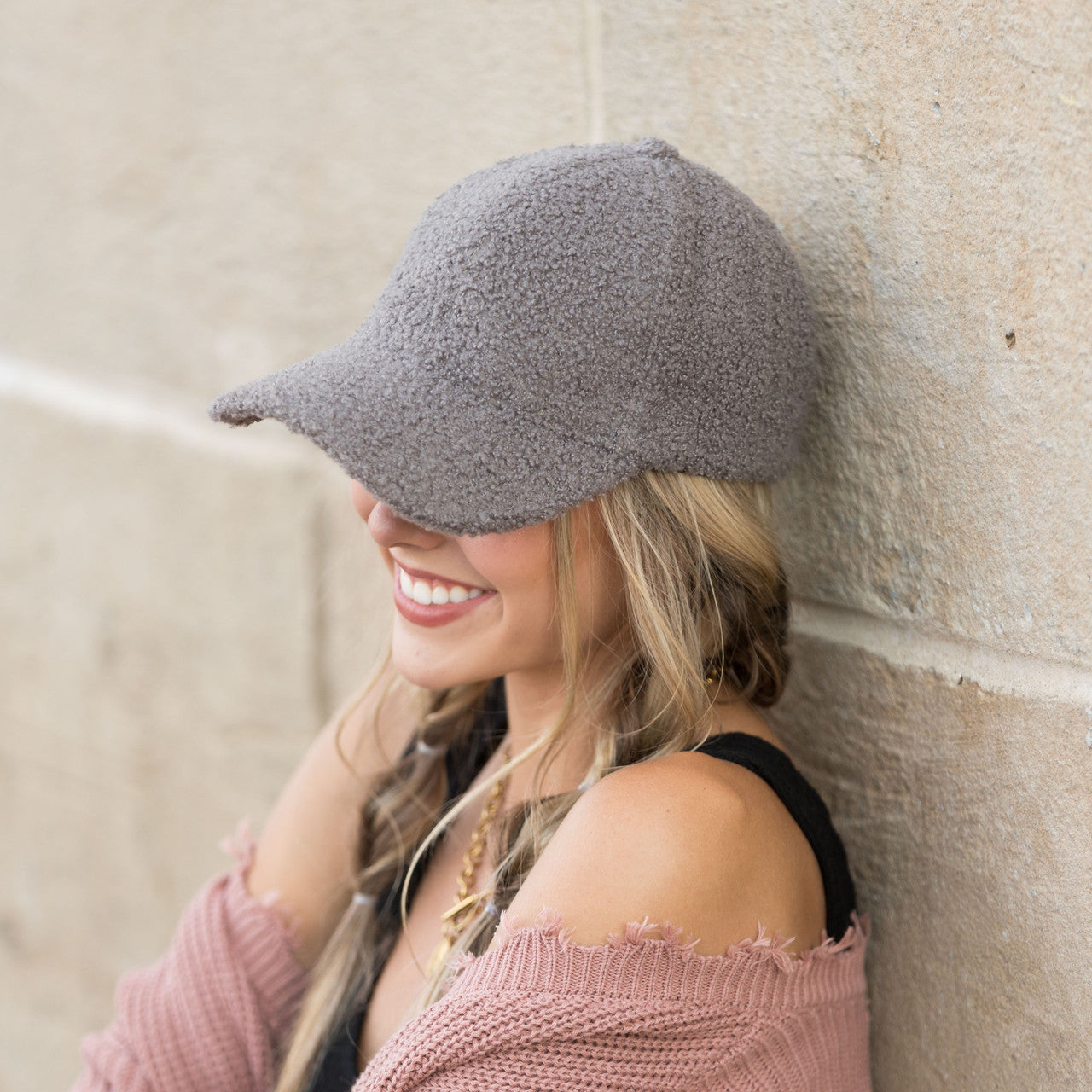 sherpa-texture baseball cap with adjustable fit in gray