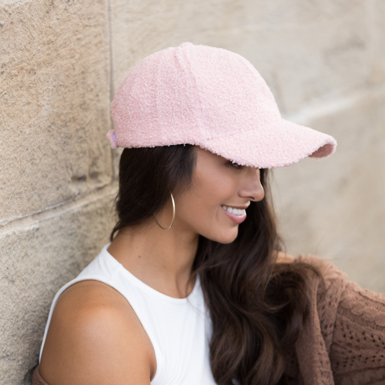 sherpa-texture baseball cap with adjustable fit in pink