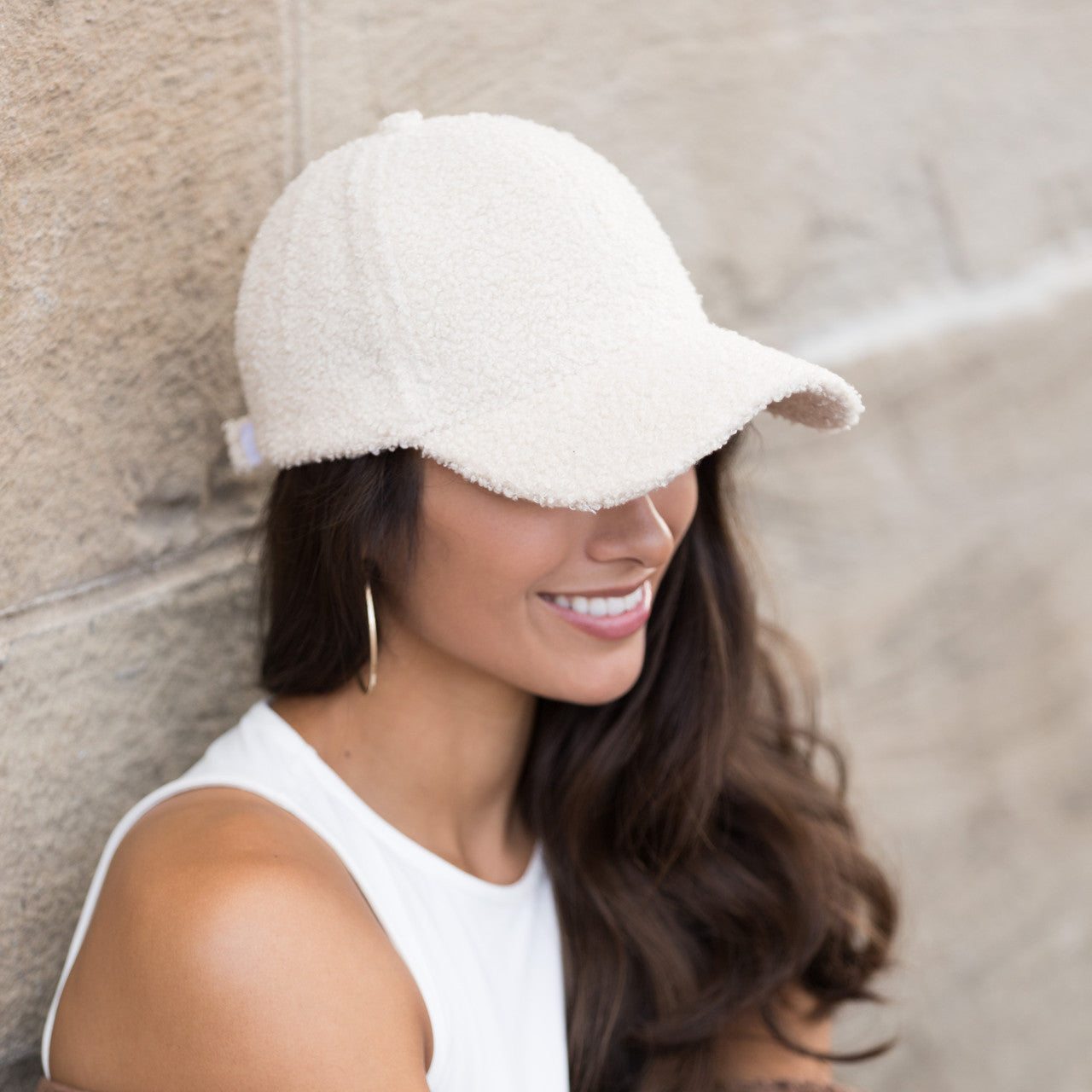 sherpa-texture baseball cap with adjustable fit in cream