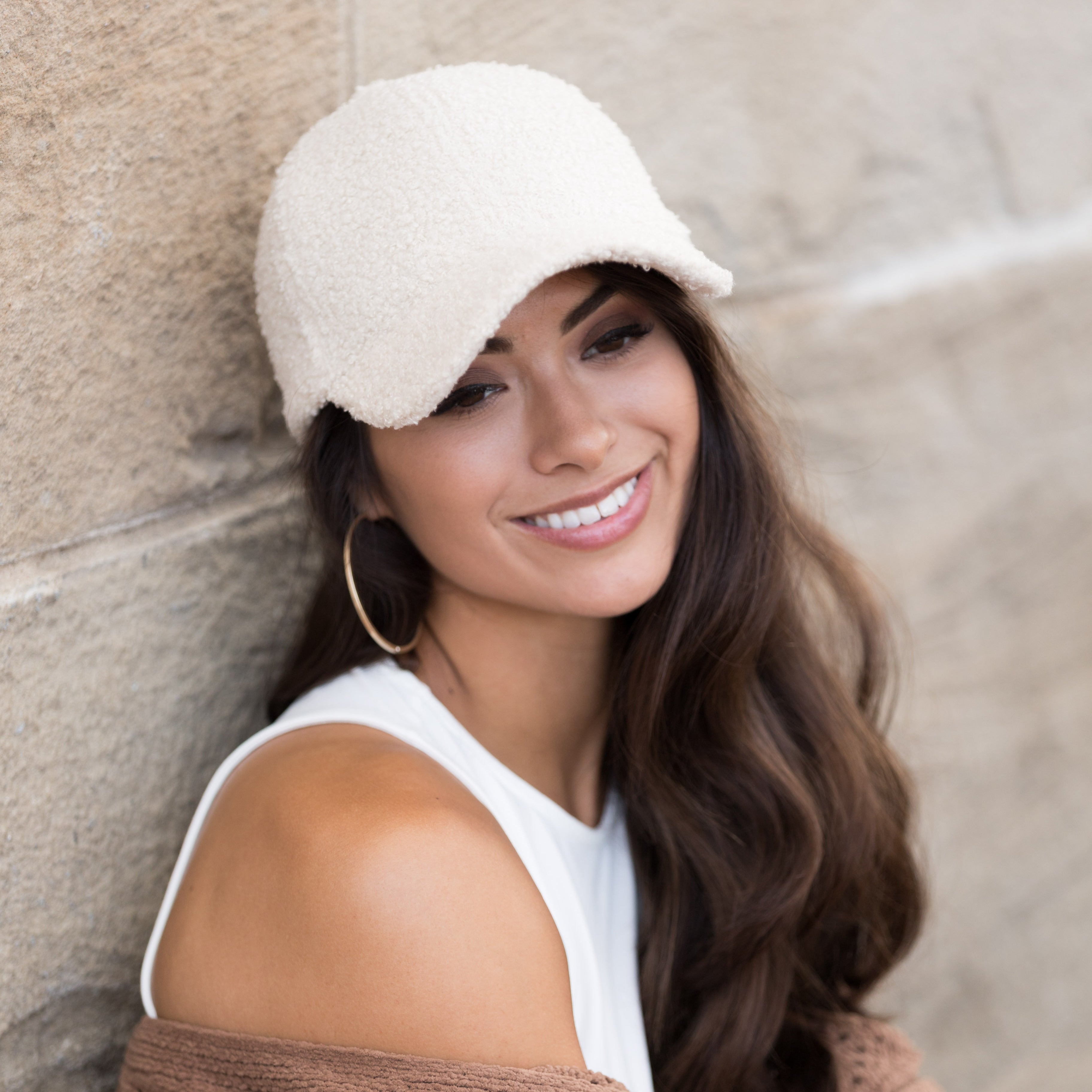 sherpa-texture baseball cap with adjustable fit in cream