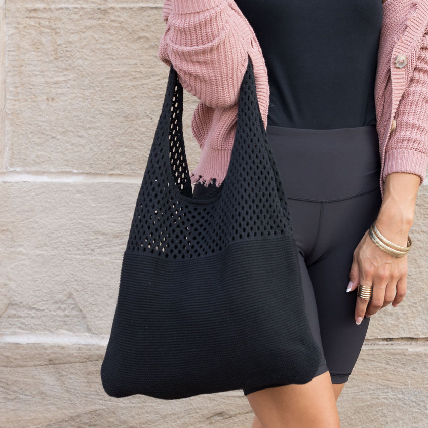 Soft-knit woven Hobo bag with open design in black