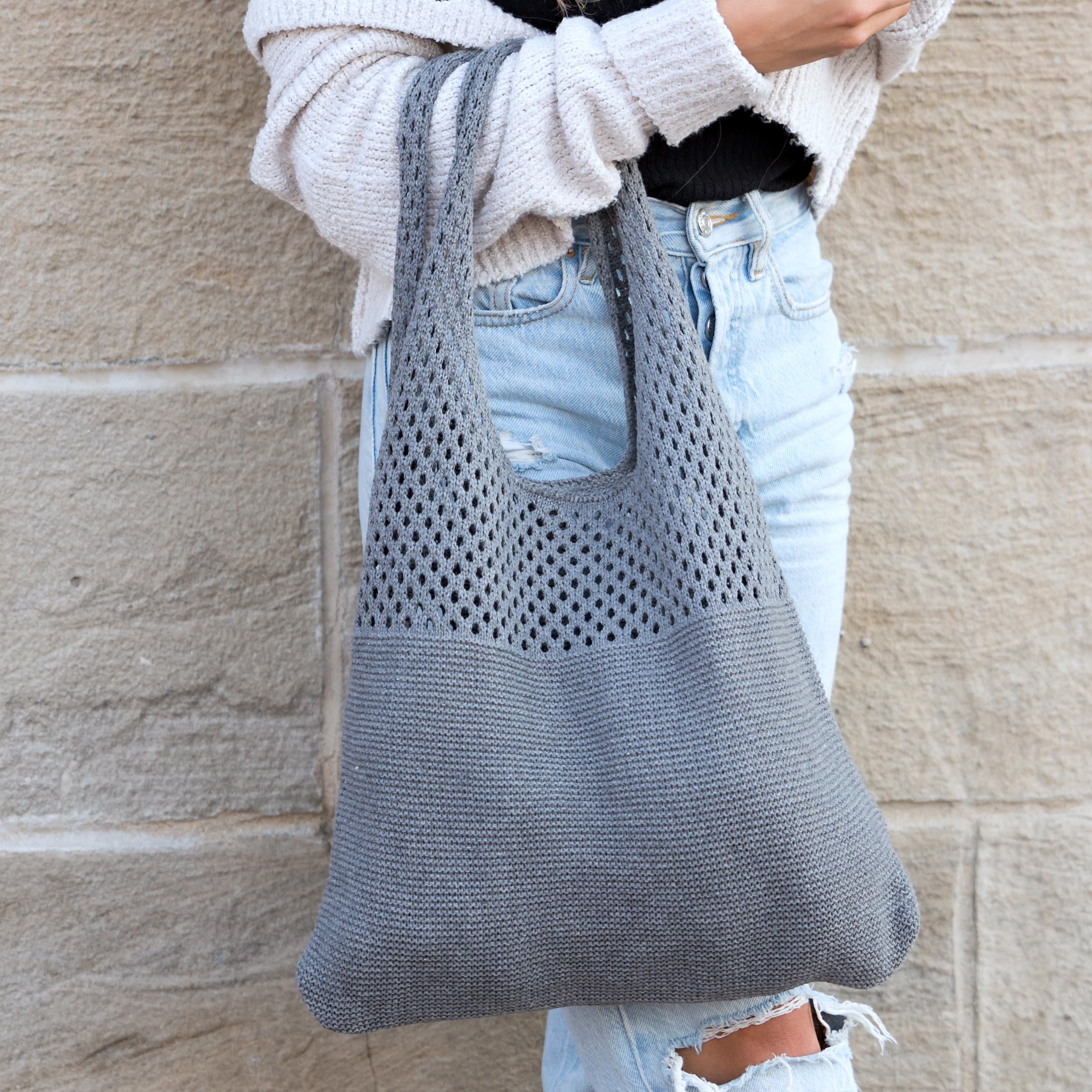 Soft-knit woven Hobo bag with open design in light gray 