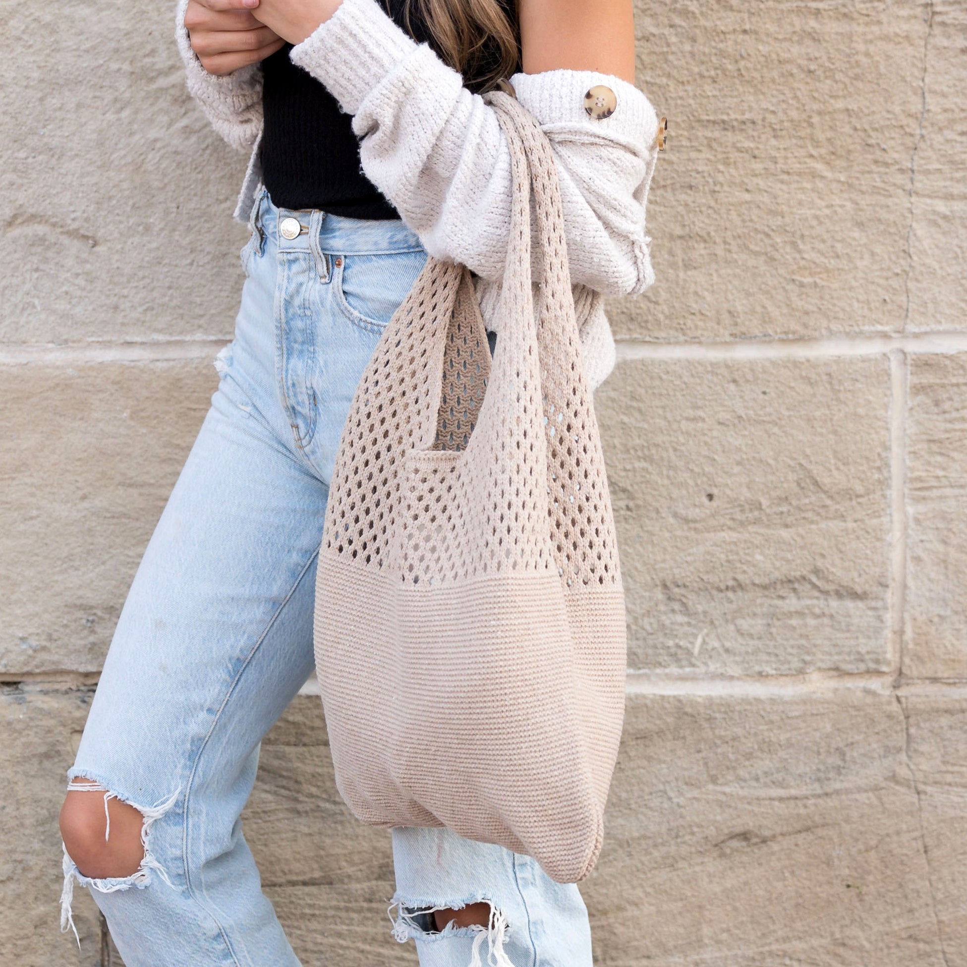 Soft-knit woven Hobo bag with open design in ash taupe
