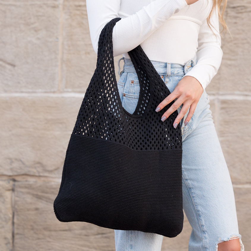 Soft-knit woven Hobo bag with open design in black