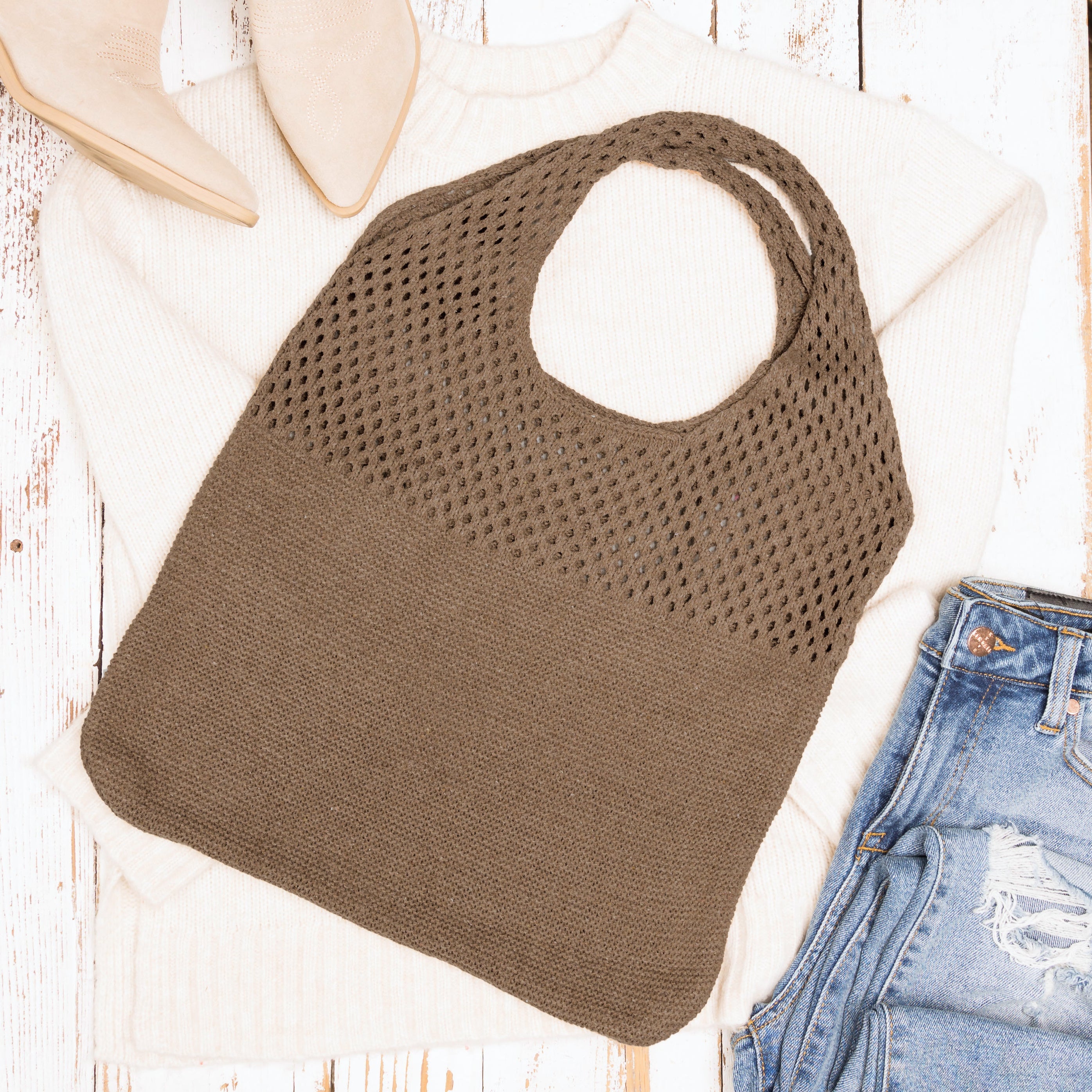 Soft-knit woven Hobo bag with open design in mocha