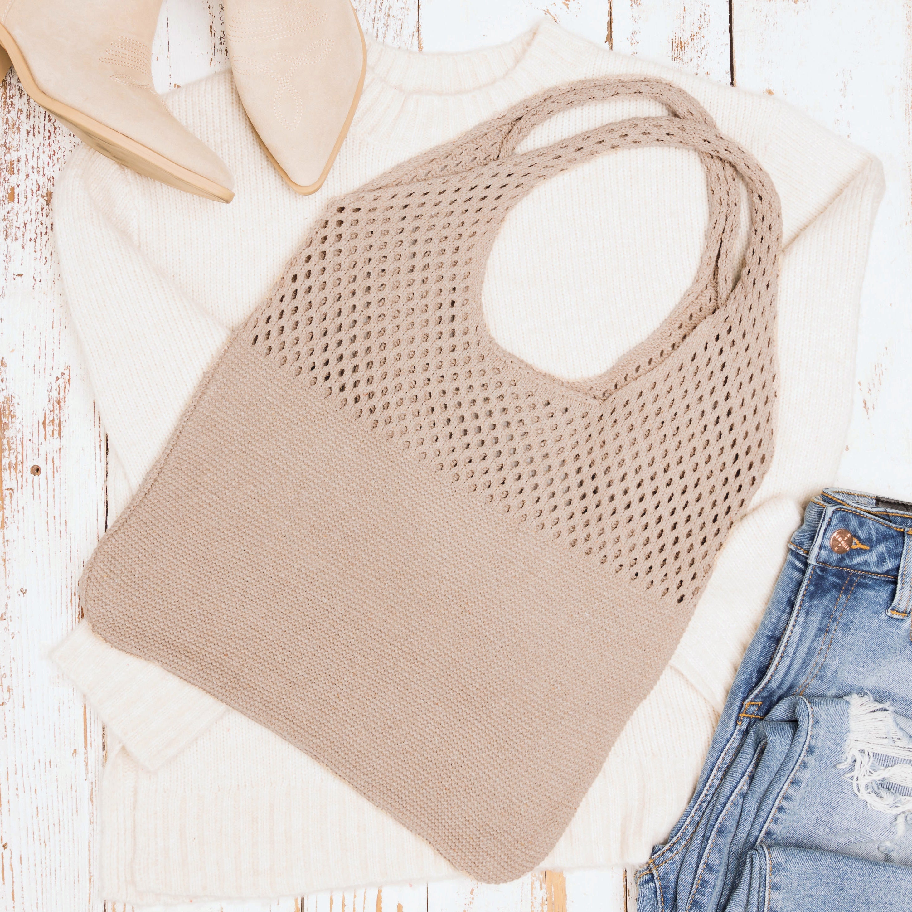 Soft-knit woven Hobo bag with open design in ash taupe