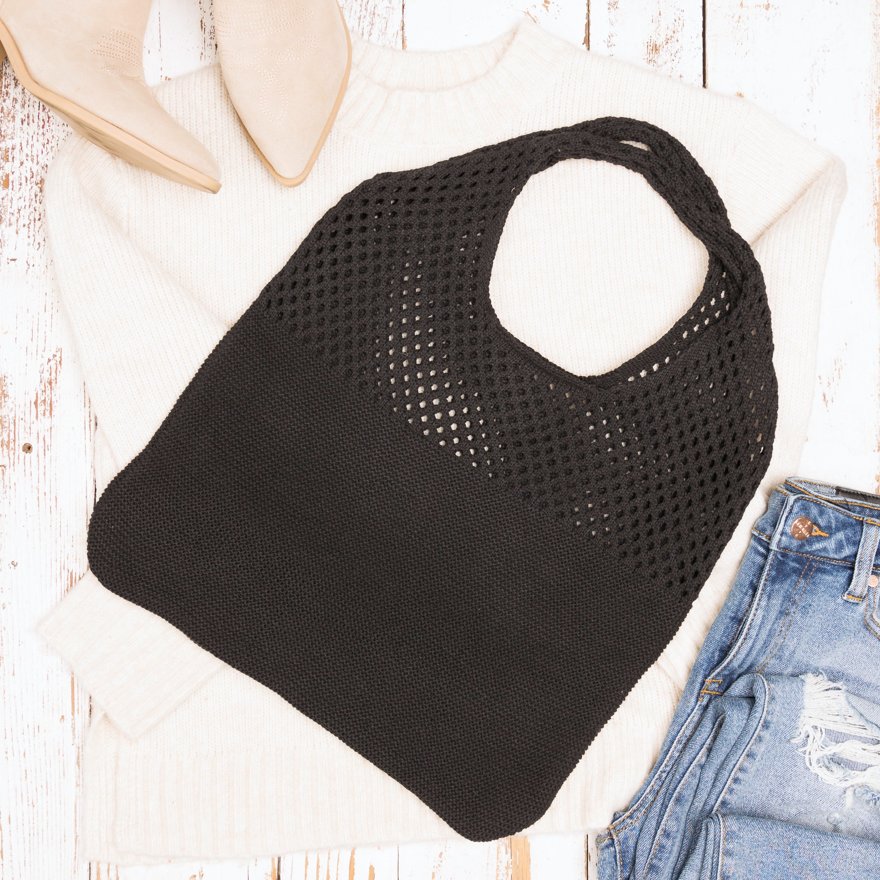 Soft-knit woven Hobo bag with open design in black