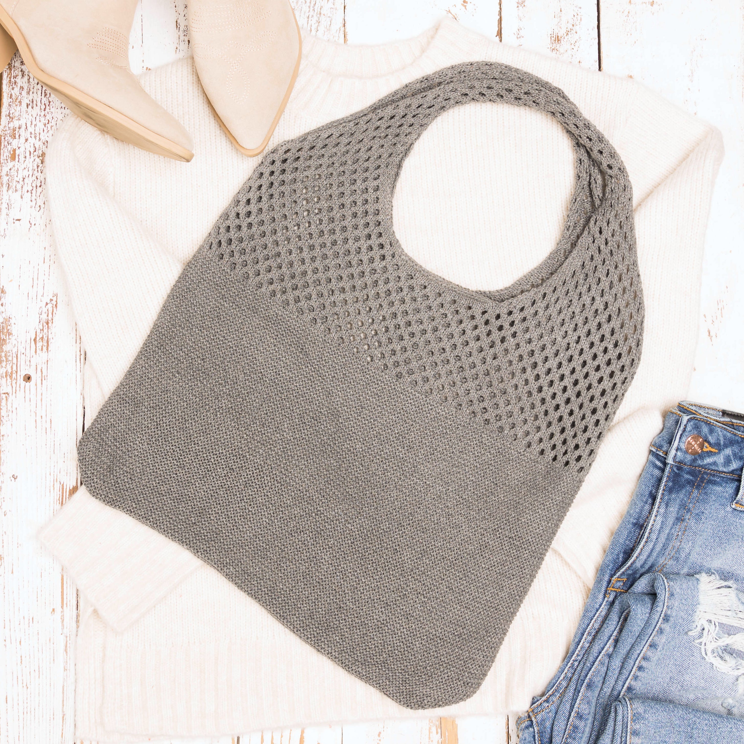 Soft-knit woven Hobo bag with open design in light gray