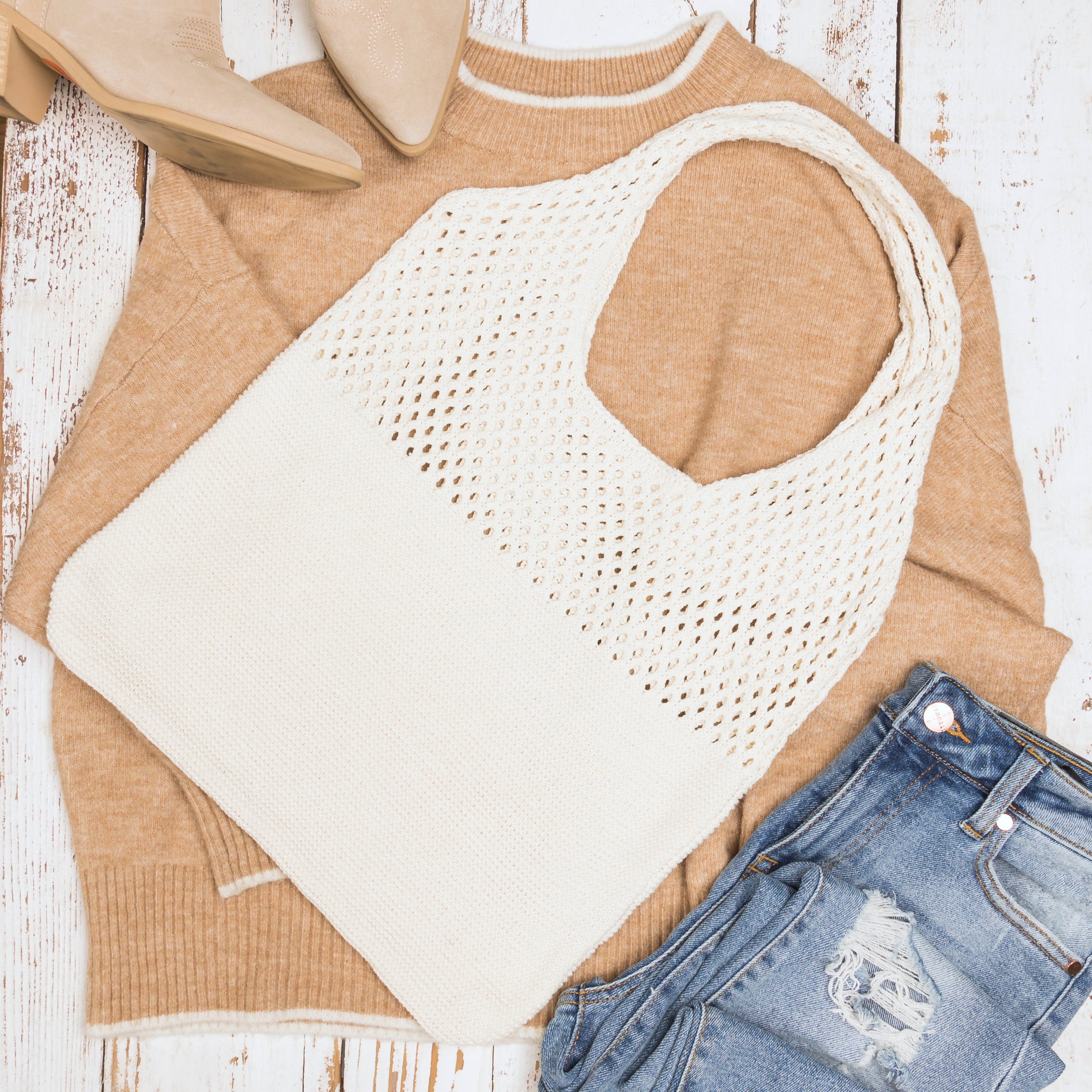 Soft-knit woven Hobo bag with open design in white