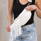 AVAH-vegan leather fringe belt bag with removable tassel fringe and adjustable guitar strap in white