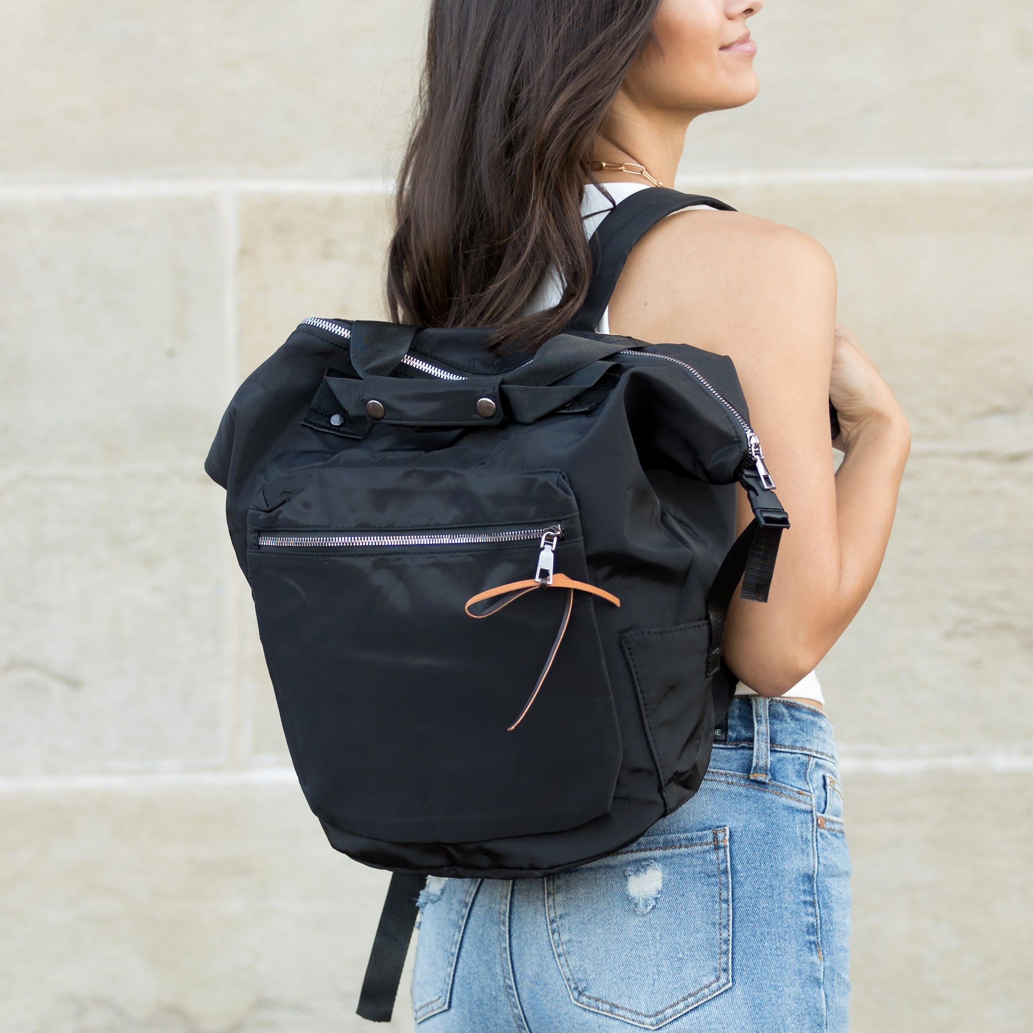 AVAH - black utility backpack with front zip pocket and adjustable backpack straps