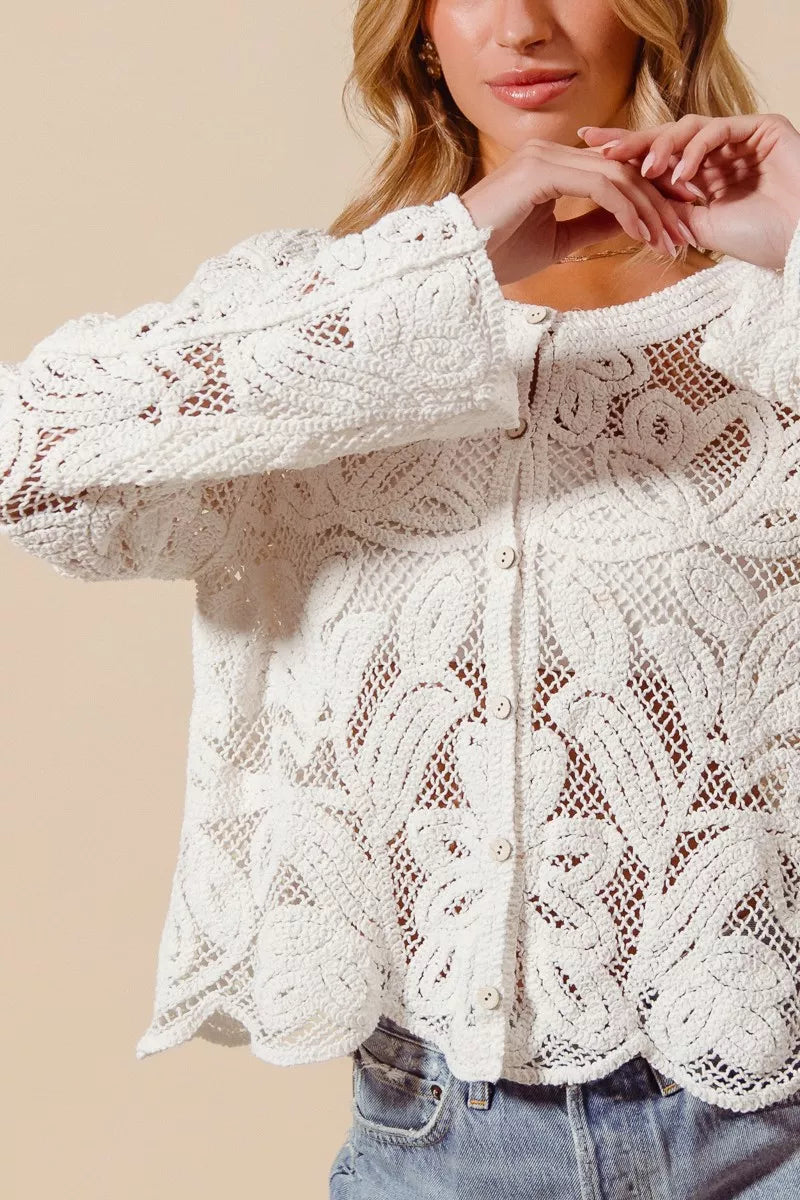Close-up of ivory crochet cardigan fabric and button front detail
