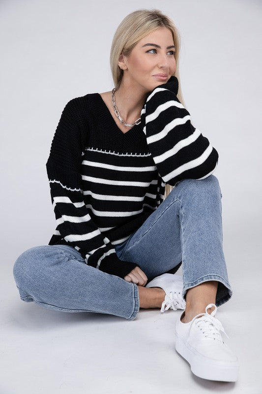 Trina Striped Pattern Knit Pullover Sweater - Black-Avah