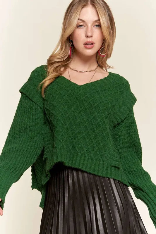 Emerald Isle Cable Knit Sweater in rich green with diamond knit texture, V neckline and layered shoulder detailing, front view.