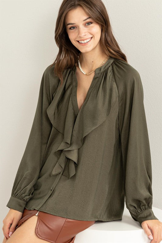 High Demand Ruffled Chic Blouse-Olive-AVAH