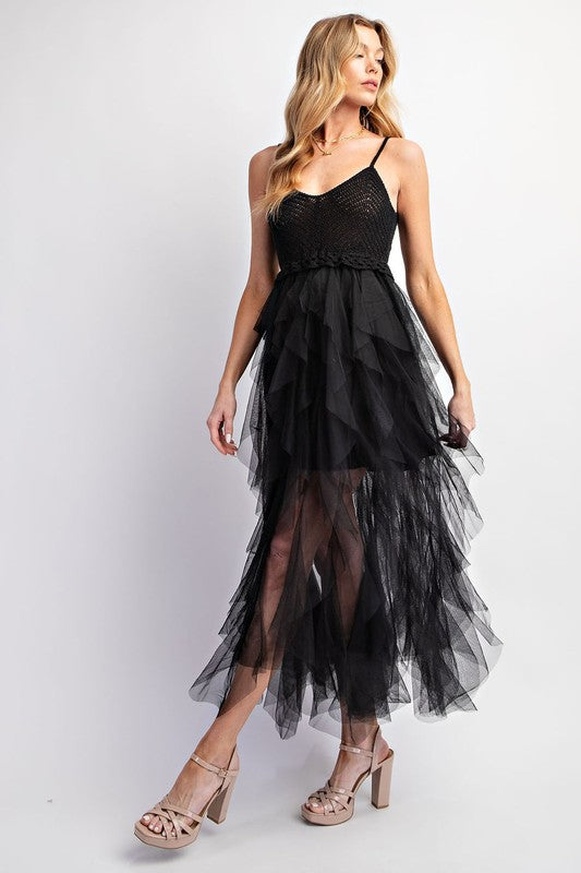 AVAH-Tulle Temptation Crochet Midi Dress-Black