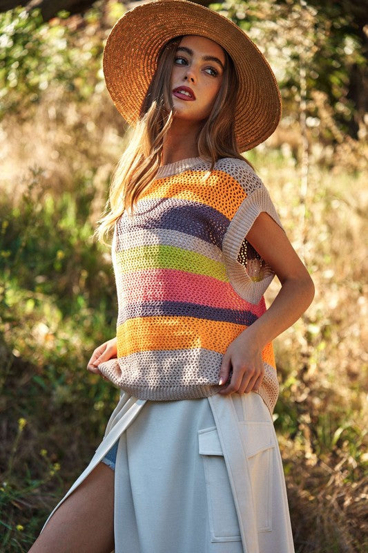 AVAH-Coastal Breeze Crochet Sweater Vest-Beige Stripe